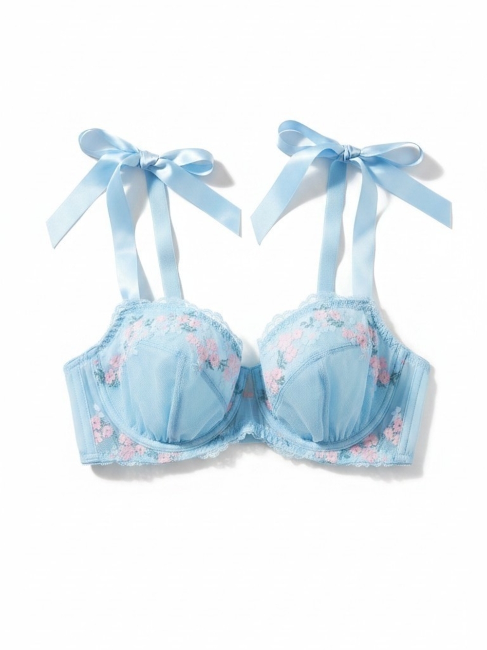 Auden Light Blue Underwire Bra with Pink Floral Lace & Ribbon Straps